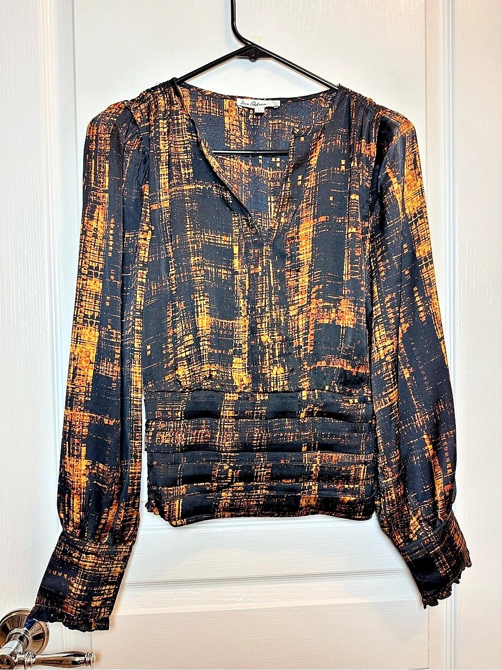 Sam Edelman Abstract Print Ruched Long Sleeve Blouse Black Bronze XS Like new